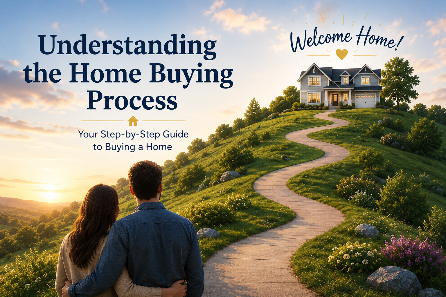 Couple beginning the home buying process while looking toward a home at the end of a winding path leading to their new house.