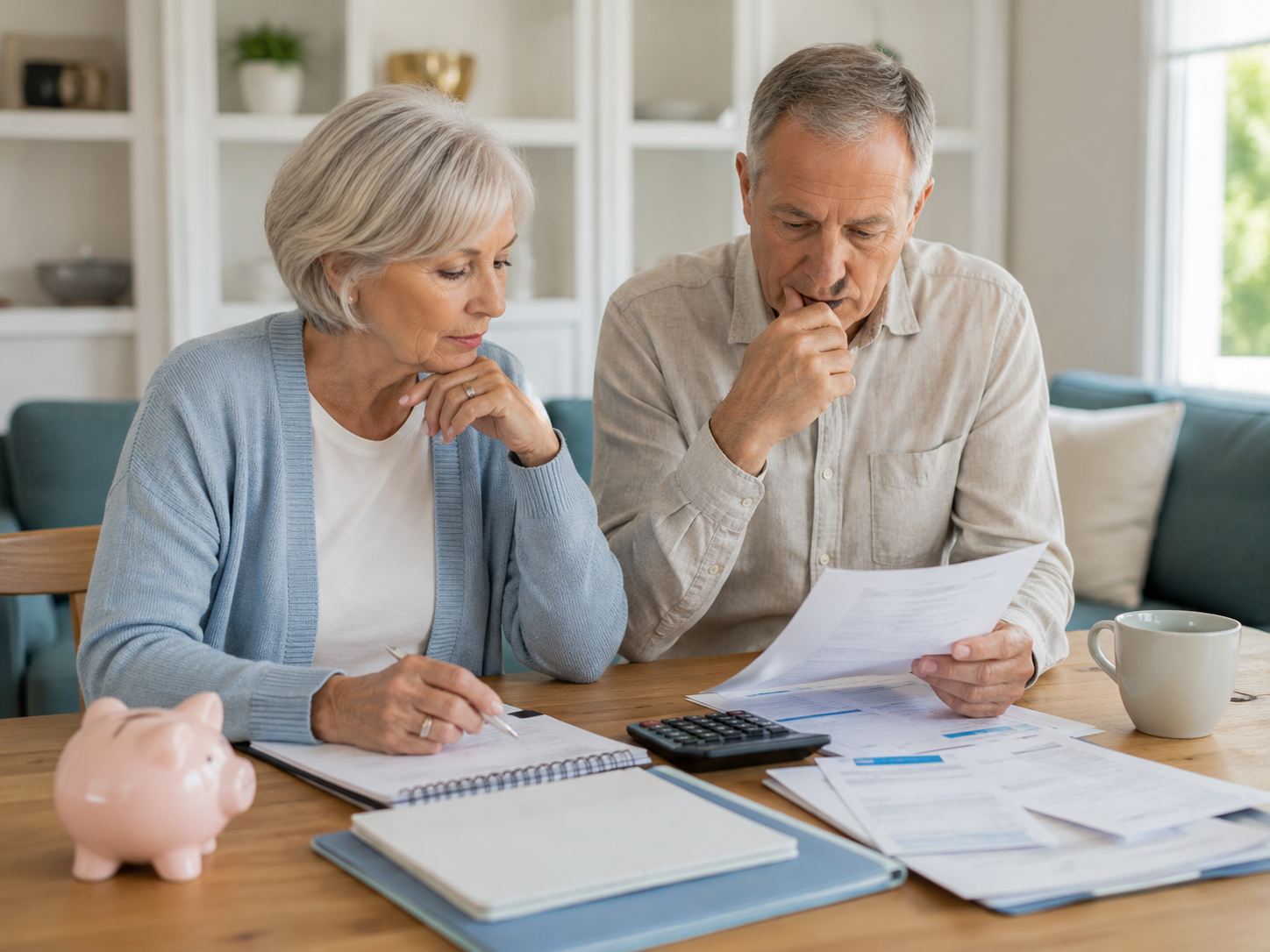 An older couple reviewing finances at a table, representing the retirement risks of co-signing a mortgage.