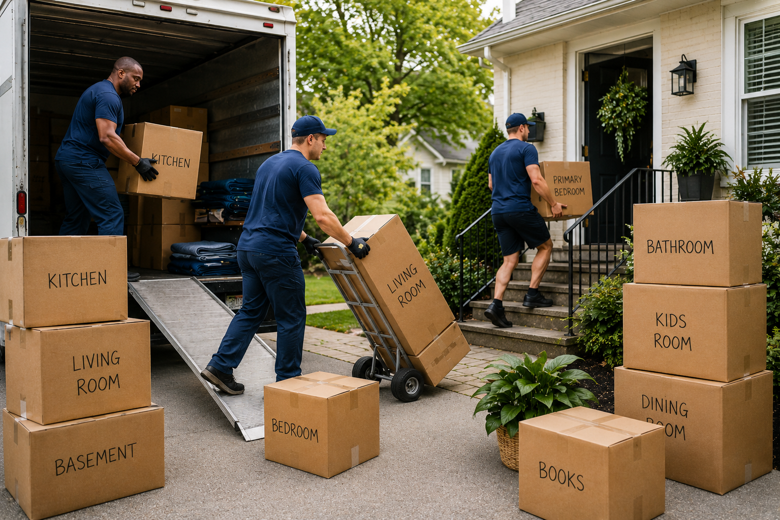 SIRVA relocation movers unloading household boxes into a new home