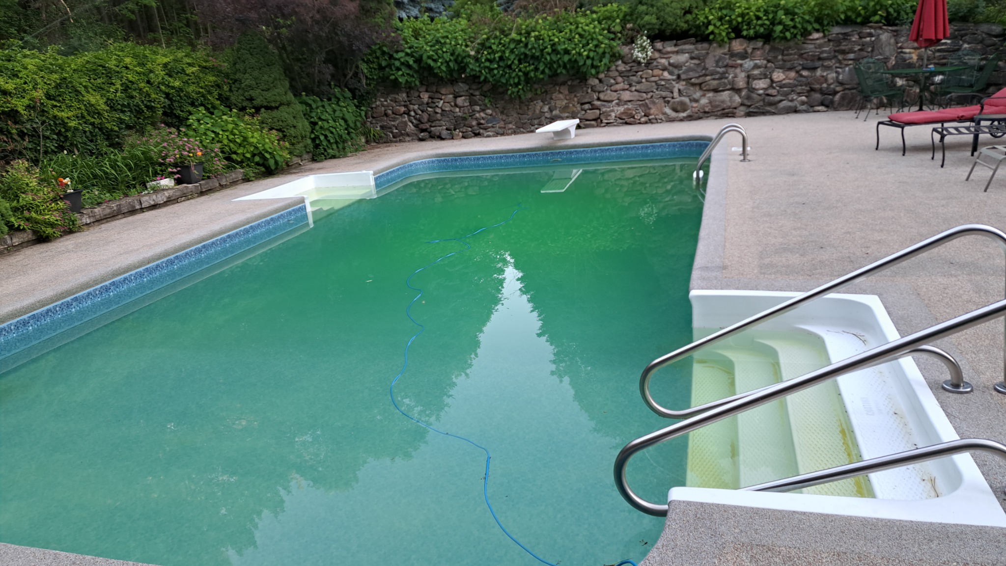 House with a pool showing steps, handrails, concrete deck, retaining wall, and surrounding landscaping