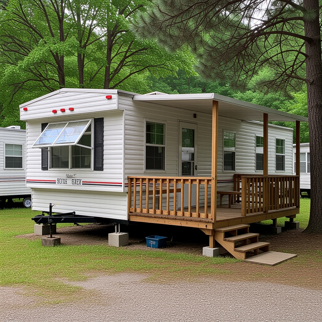 Mobile homes with covered porch in a wooded park setting